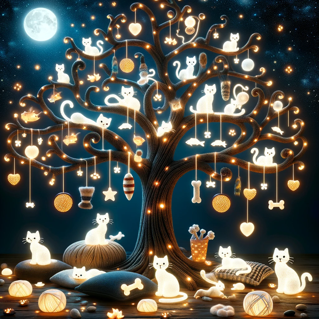 DALL·E 2023-12-23 18.32.12 - A charming and playful scene depicting a tree adorned with cat-themed lights and cat-related objects. The tree is whimsical, with branches curling in 